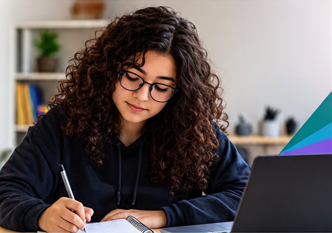 Estudante de óculos fazendo anotações no caderno ao lado do notebook